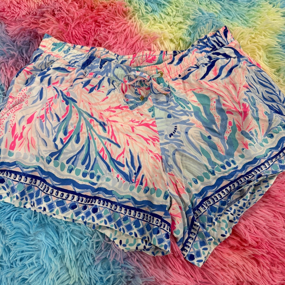 Lilly Pulitzer Ocean Trail Shorts Womens Large Pink Blue Coral Print